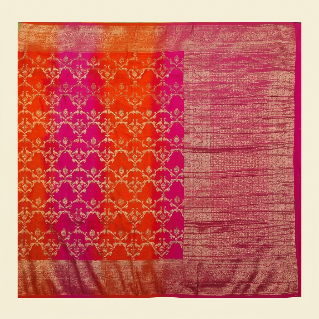 Upright orange and pink Khaddi georgette saree with metallic floral lattice and ornate pink pallu