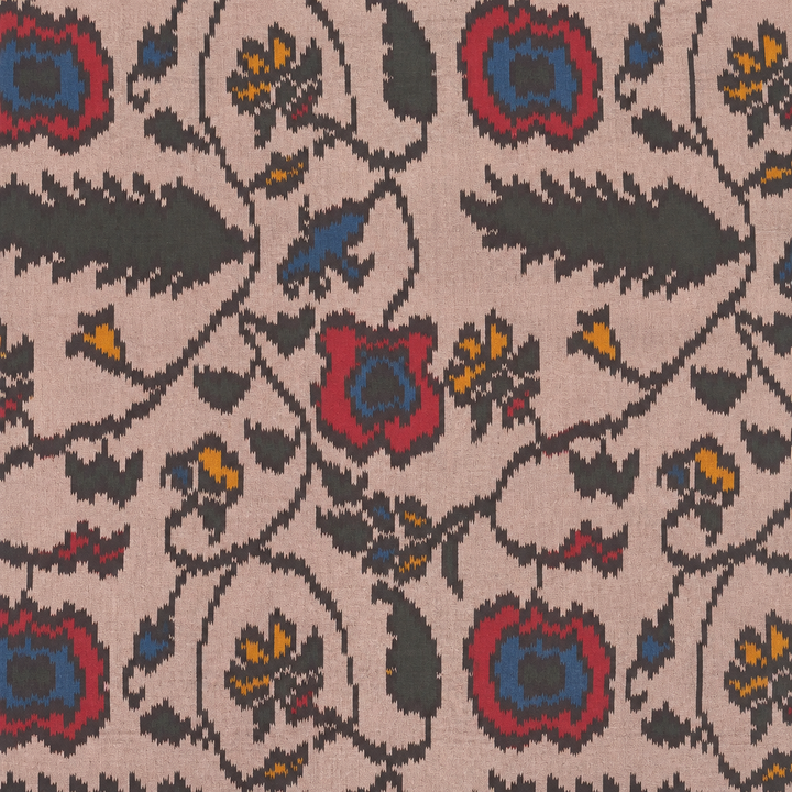 Close-up of red, blue and yellow floral ikat vine motifs on grey pink silk saree