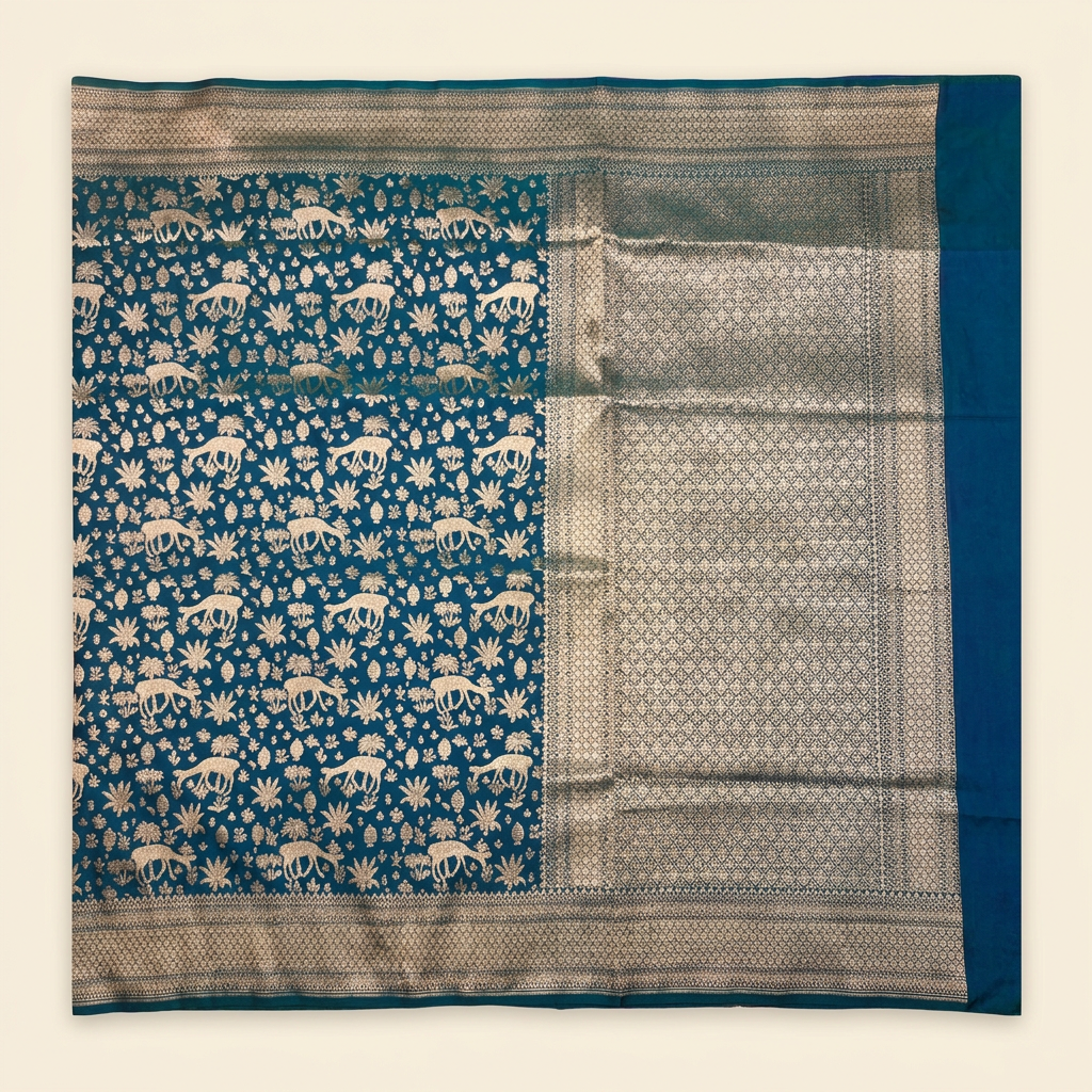 Upright overhead blue semi Banarasi saree with animal-and-foliage motifs and metallic geometric pallu