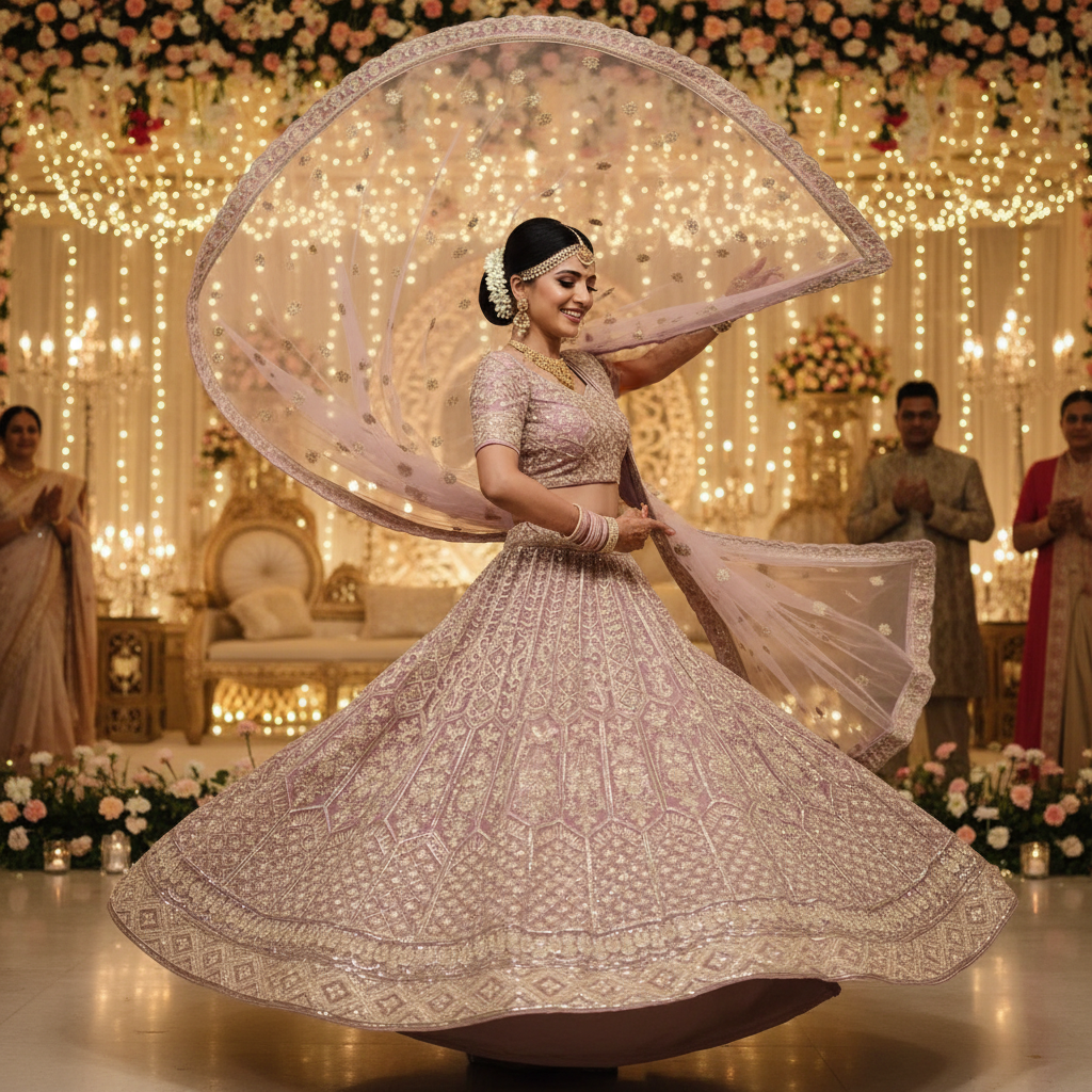 Dusty rose bridal lehenga - dancing pose, wedding celebration