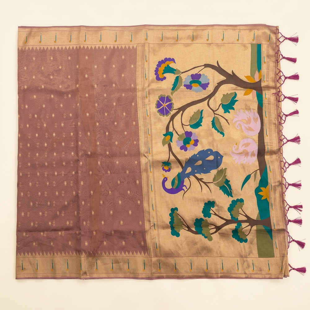 Upright view of peach tissue Paithani saree with gold-toned peacock pallu