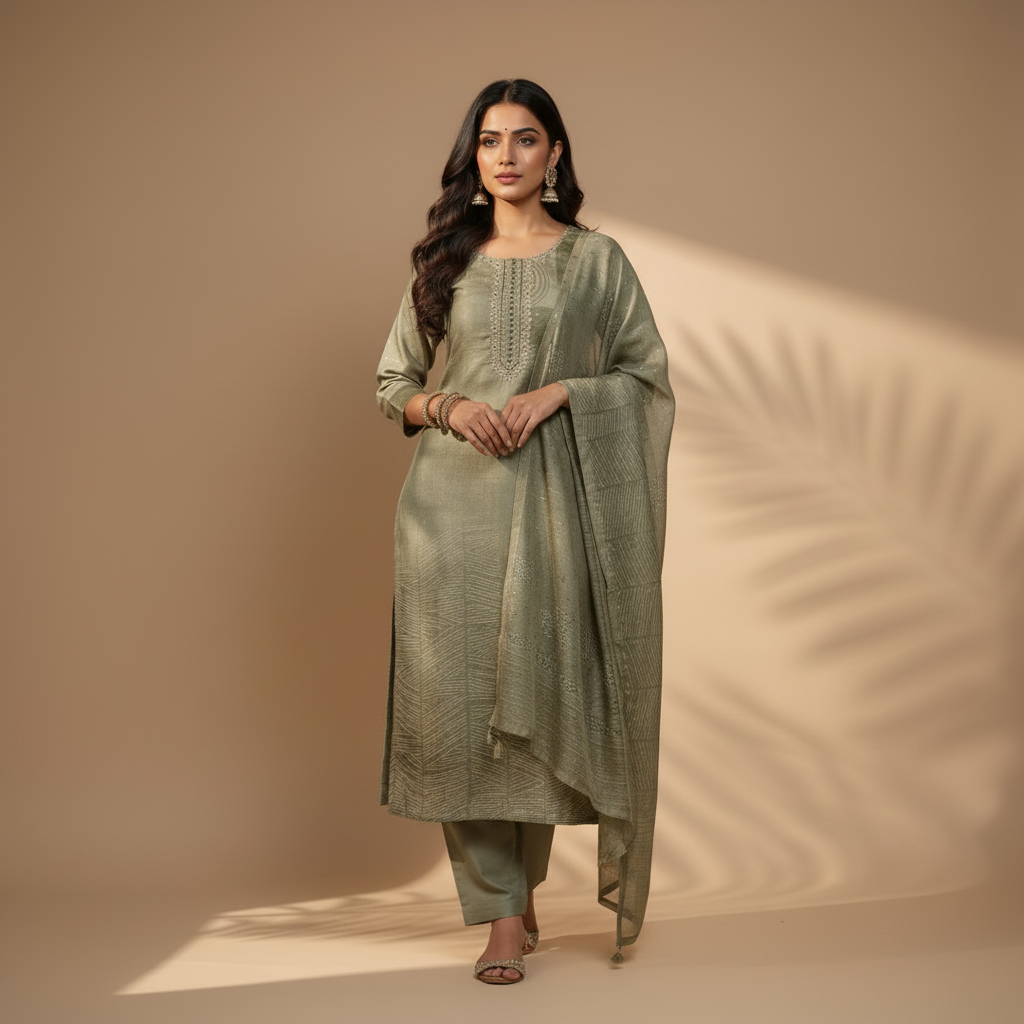 Indian model wearing sage green embroidered salwar kameez