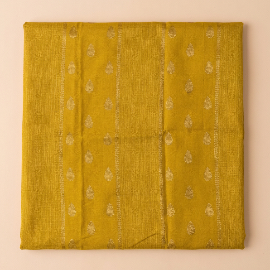 Close-up of the mustard yellow saree body with subtle gold butta motifs
