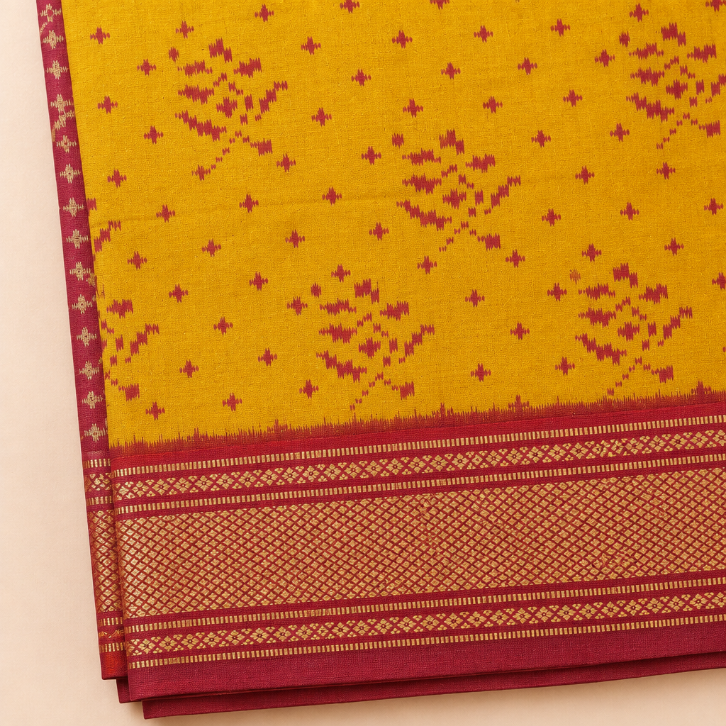 Close-up of yellow and pink Pochampally silk saree with Ikat checks and border