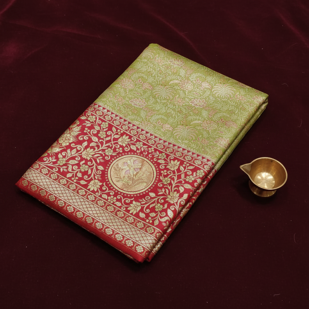 Art Silk Pavada in olive green with crimson red gold zari border, neatly folded on maroon velvet background