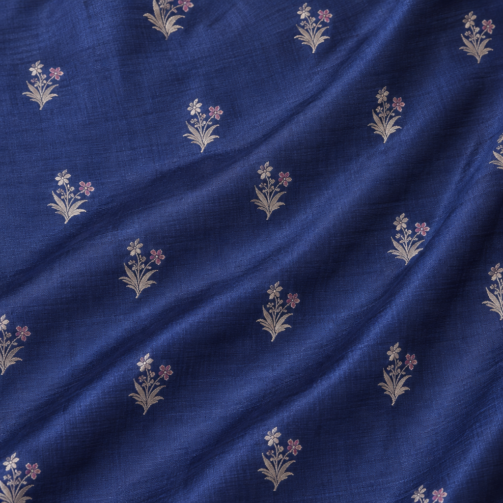 Close-up of the navy blue pure Tussar silk saree body with silver zari floral buttis