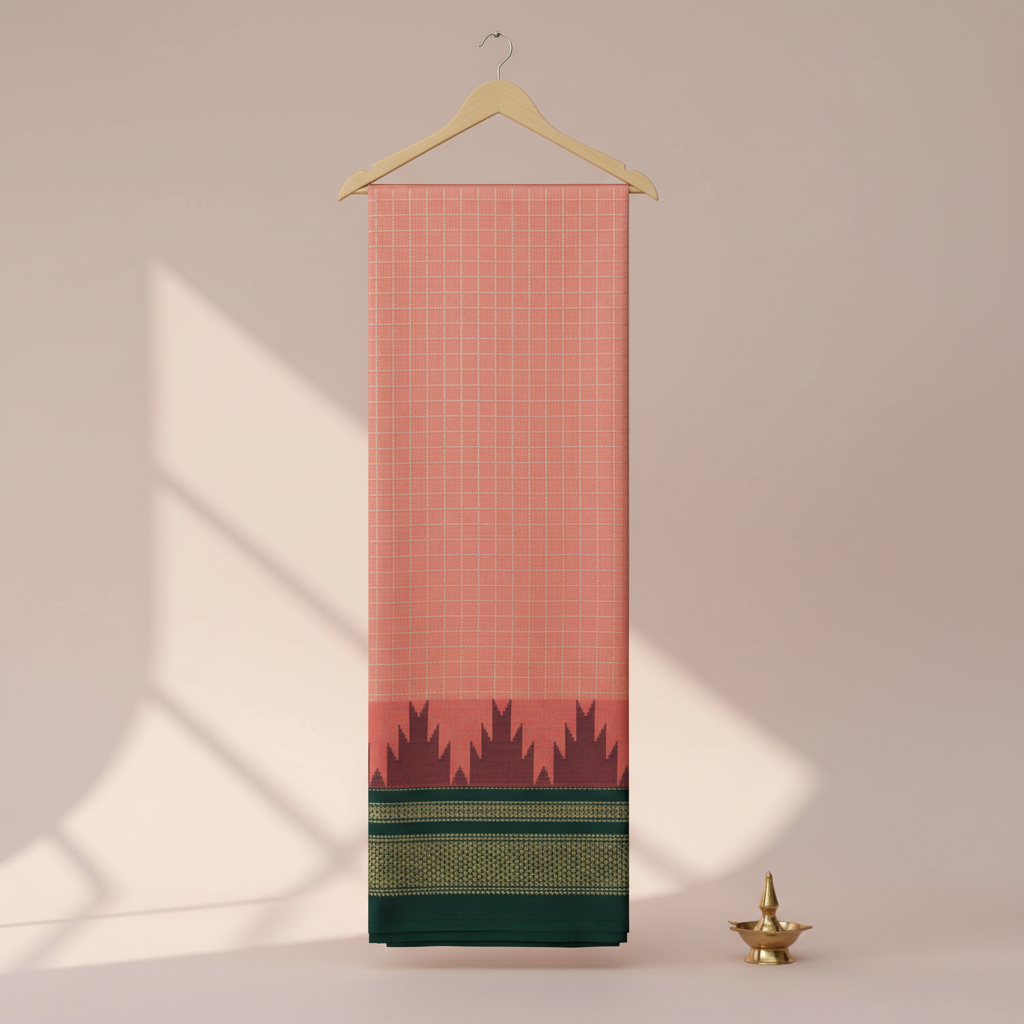 Peach-coral checked cotton saree with a maroon motif band and dark green patterned border hanging on a wooden hanger against a pastel background with a brass diya