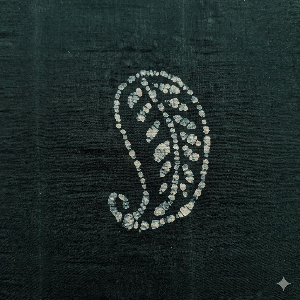 Close-up of pale paisley body motif on deep green cotton dance saree