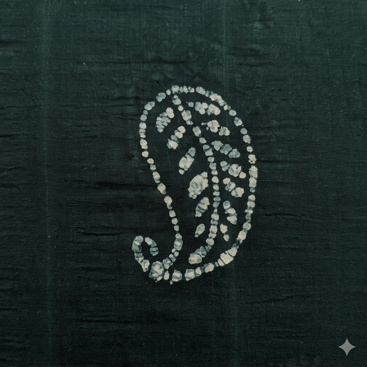 Close-up of pale paisley body motif on deep green cotton dance saree