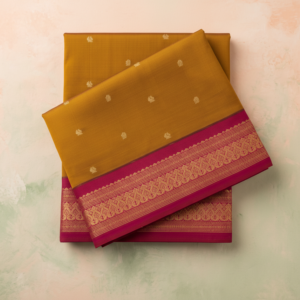 Pink contrast zari border on mustard-gold 9-yard silk saree close-up