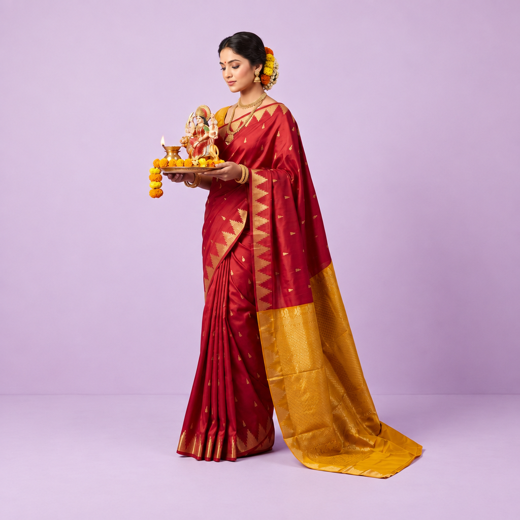 Model in a deep red pure silk saree with gold temple border and mustard-yellow zari pallu