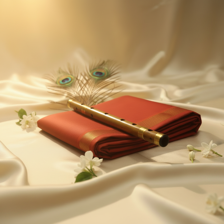 Brick Red Mix Silk Dhoti with Gold Zari Border – elegant product shot with peacock feathers, flute and jasmine flowers