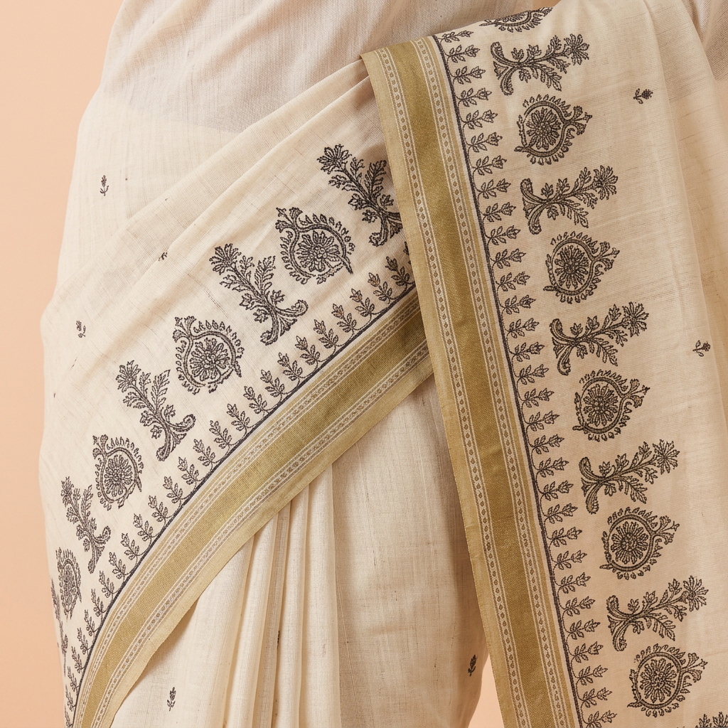 Off-white saree with dark floral medallions and leafy sprigs beside gold-toned edging