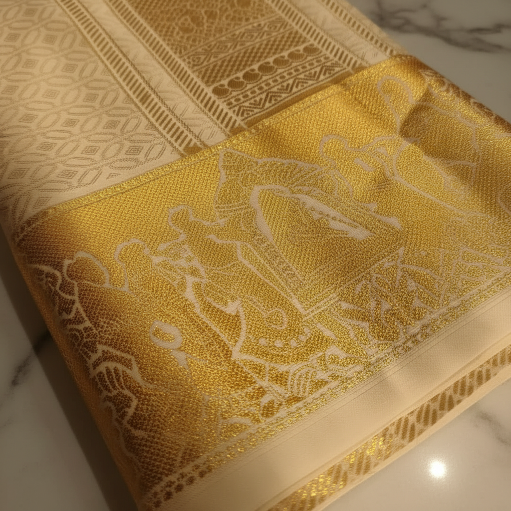 Mix Silk Dhothi – Gold zari border close-up showing buti pattern and temple motifs