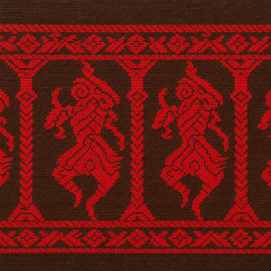Close-up of red yali figure border on brown cotton saree