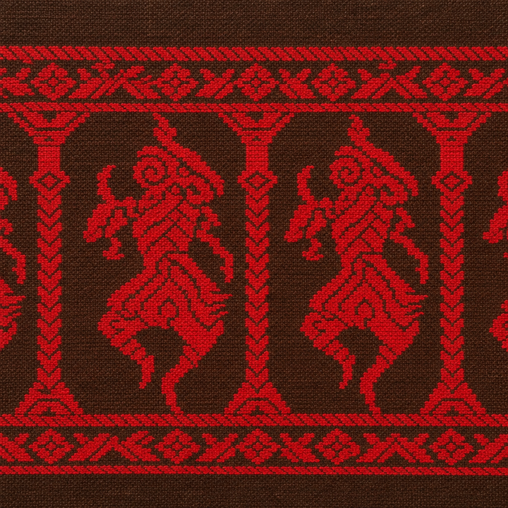 Close-up of red yali figure border on brown cotton saree