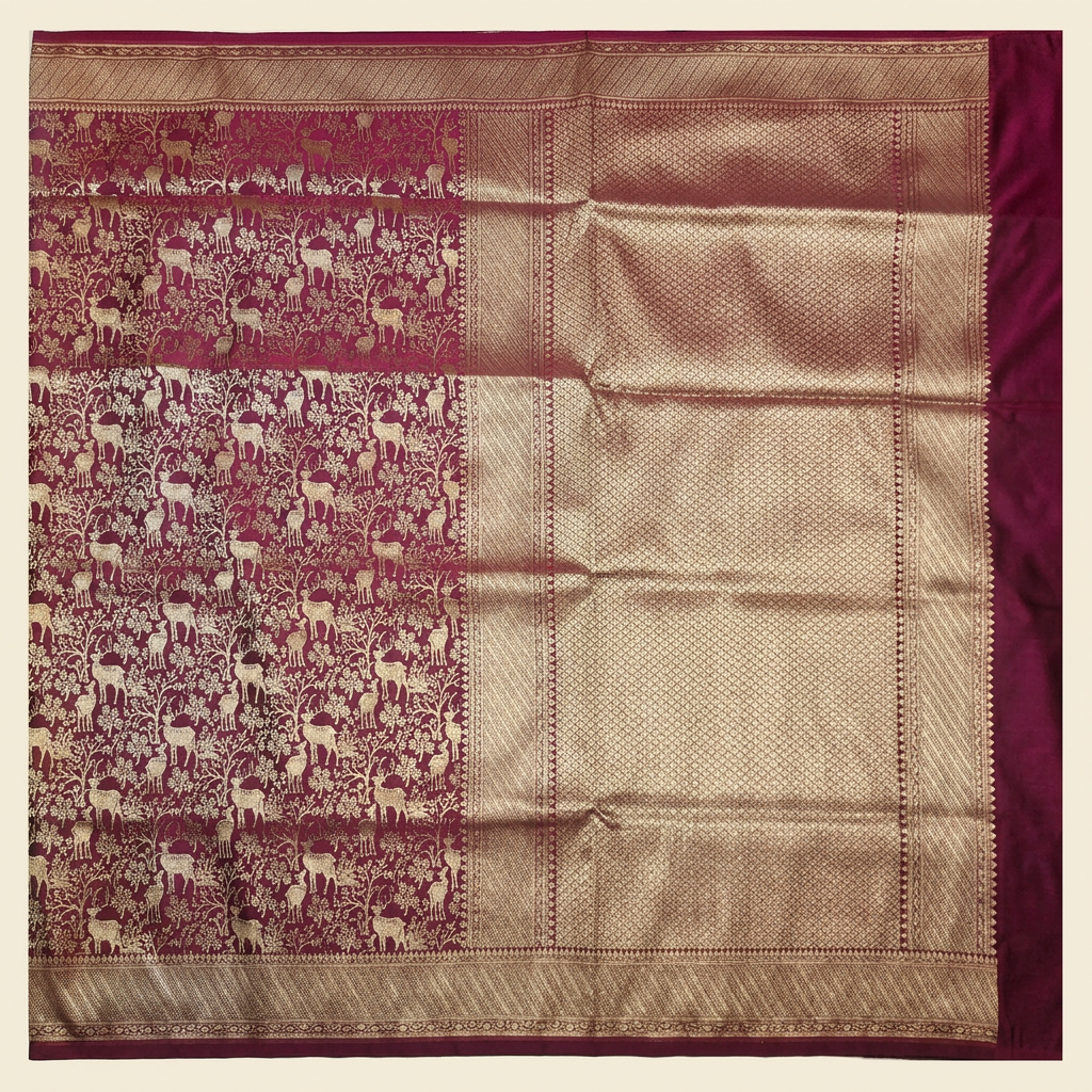 Straight overhead view of burgundy semi Banarasi saree with deer-and-vine motifs and gold-toned lattice pallu