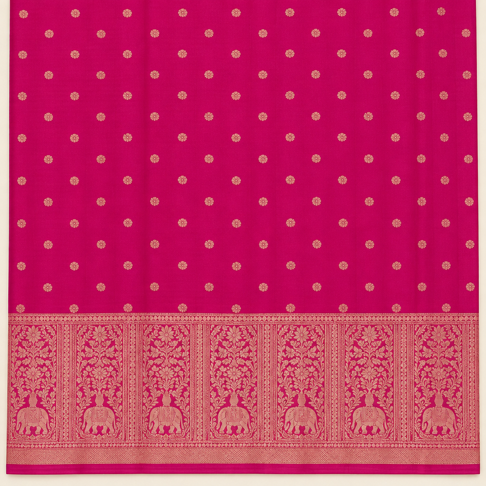 Pink pure silk saree gold-toned butta body and ornate border close-up