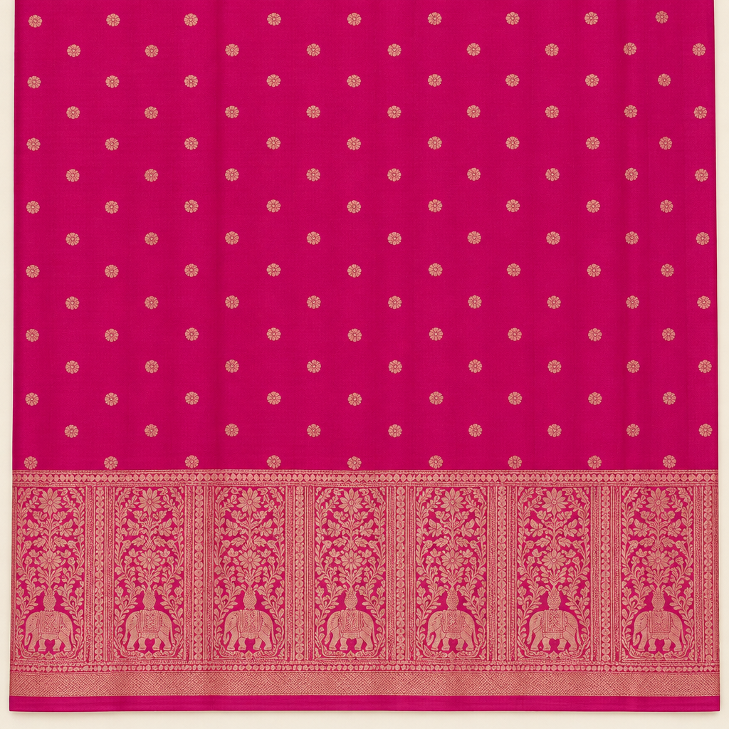 Pink pure silk saree gold-toned butta body and ornate border close-up