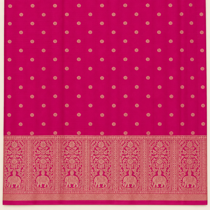 Pink pure silk saree gold-toned butta body and ornate border close-up