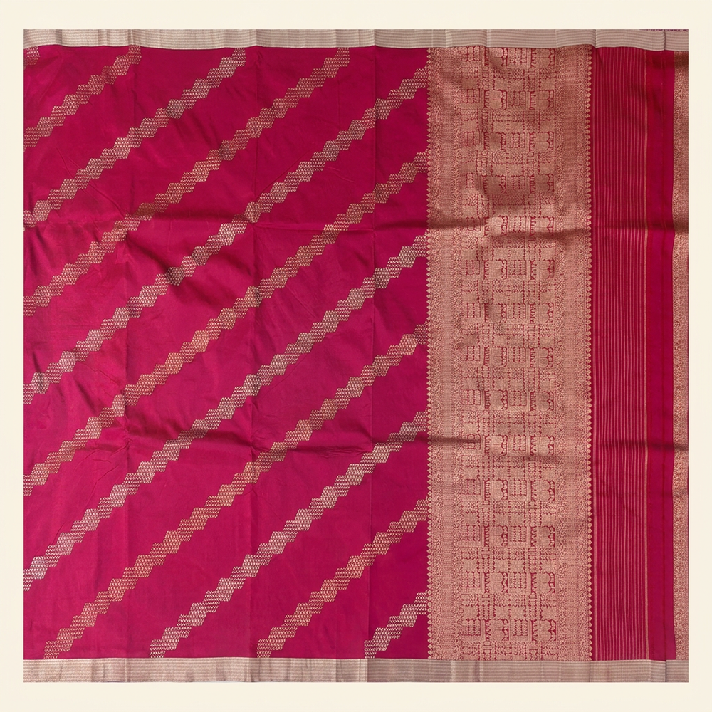 Full straight view of dark pink Banarasi silk saree with diagonal geometric motifs and ornate pallu