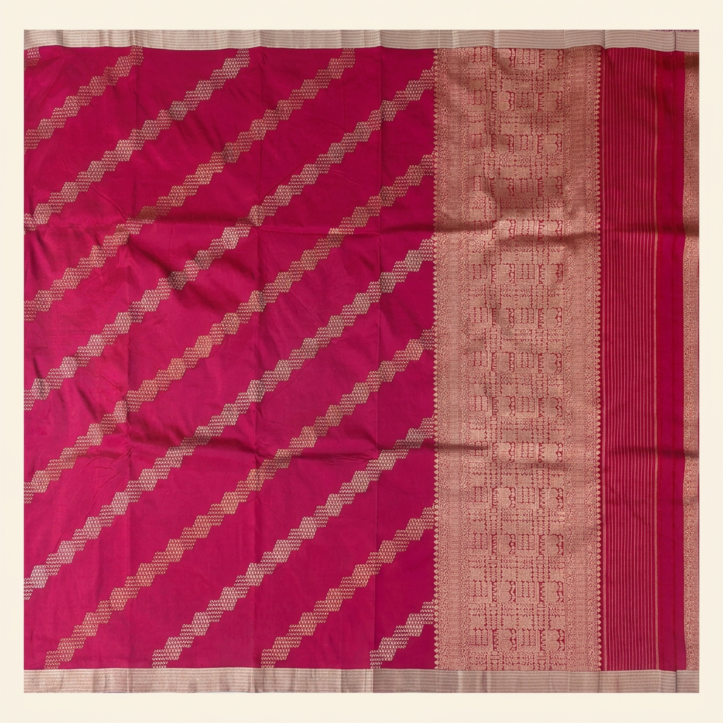 Full straight view of dark pink Banarasi silk saree with diagonal geometric motifs and ornate pallu