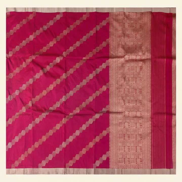 Full straight view of dark pink Banarasi silk saree with diagonal geometric motifs and ornate pallu