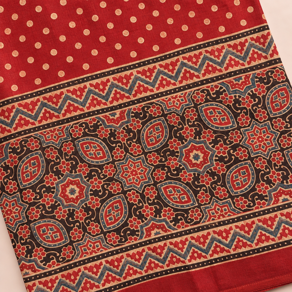 Close-up of red dotted Ajrakh saree floral geometric panel and border