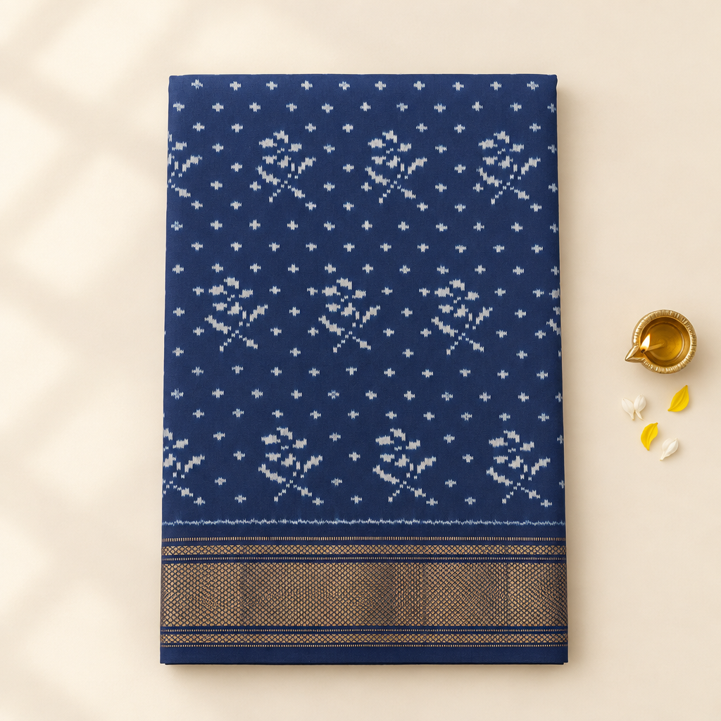 Navy blue Pochampally ikat silk saree folded on pastel background with brass diya