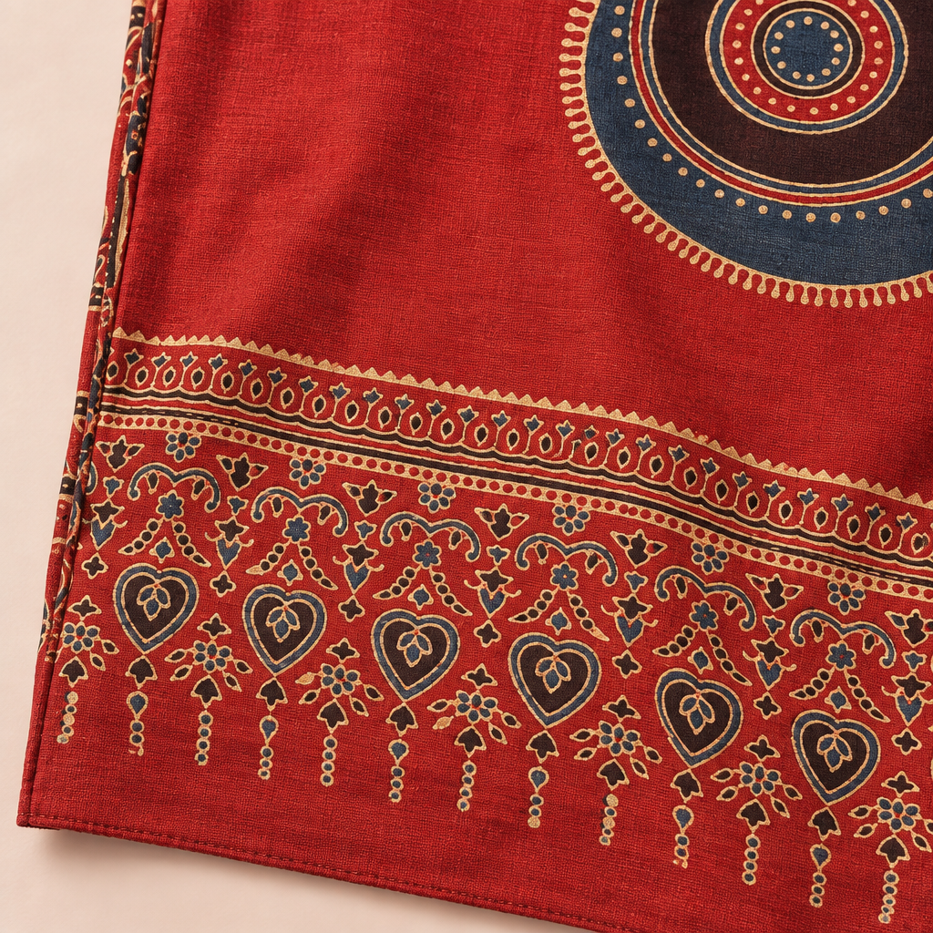 Close-up of red Ajrakh print saree border and fabric details