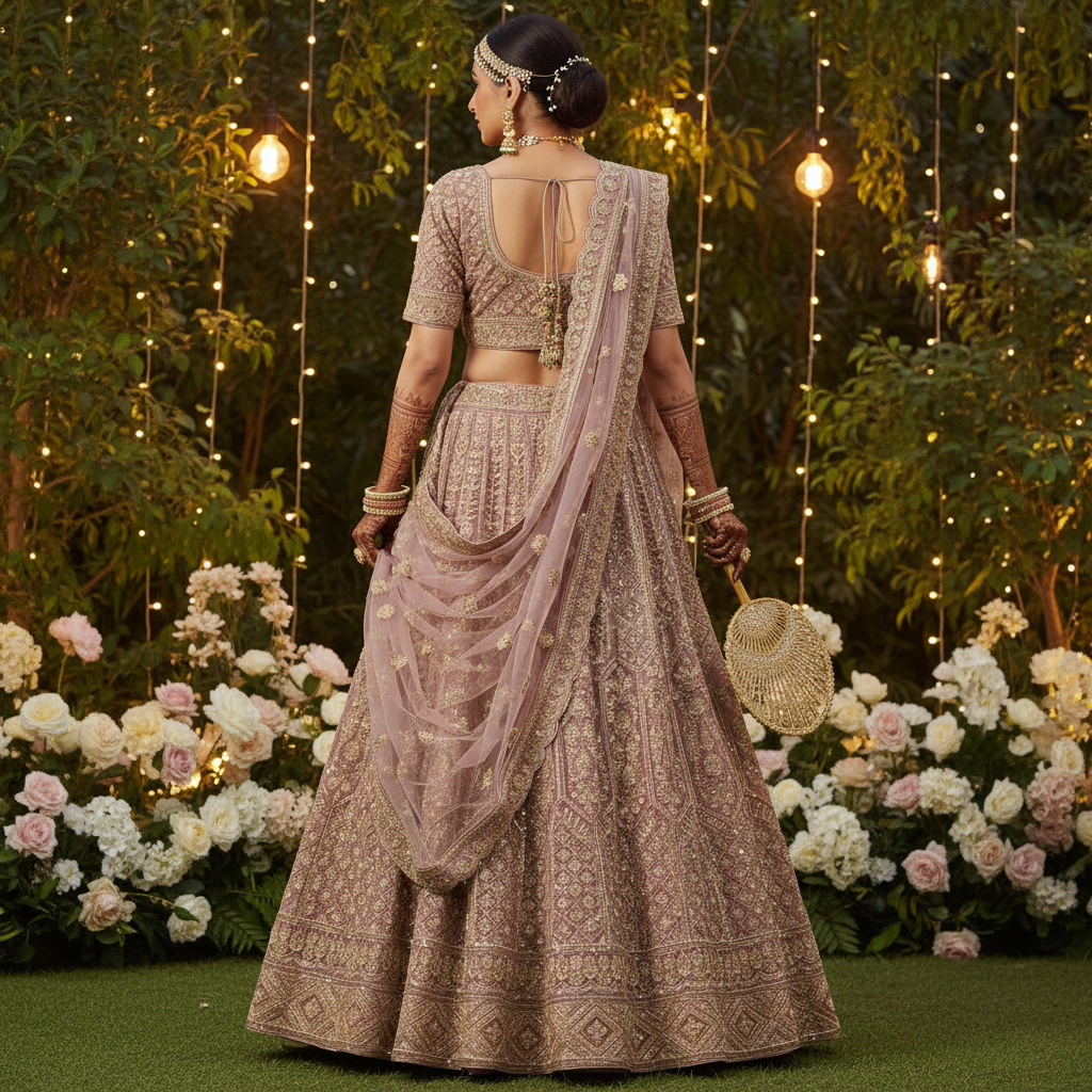 Dusty rose bridal lehenga - back view, garden fairy lights