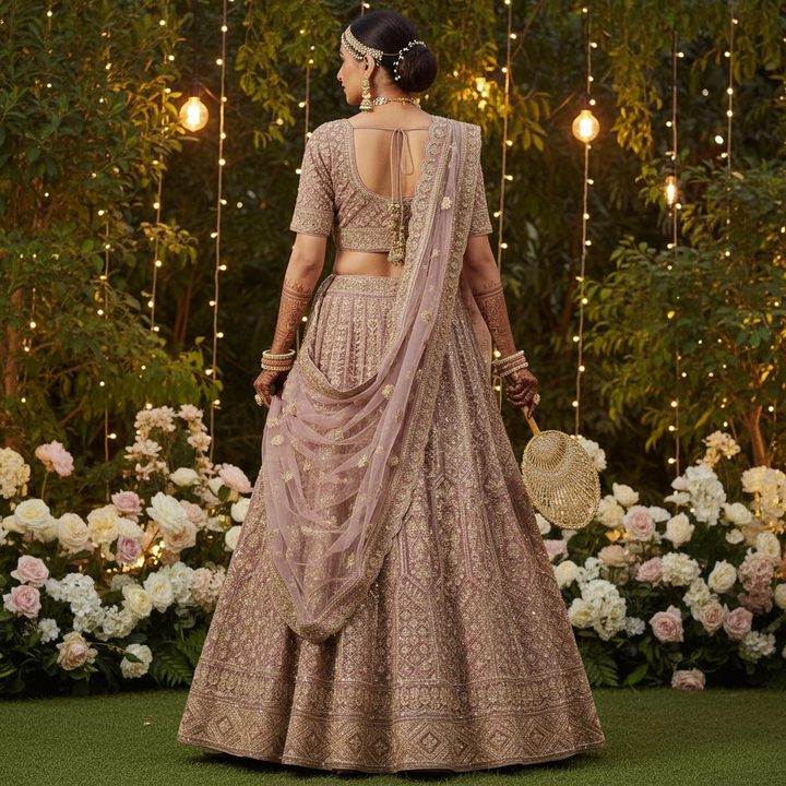 Dusty rose bridal lehenga - back view, garden fairy lights