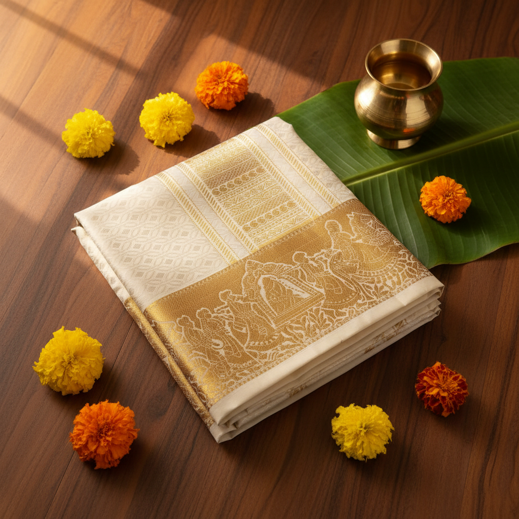 Mix Silk Dhothi – Beige gold zari border on teak wood with marigold flowers and brass kalash