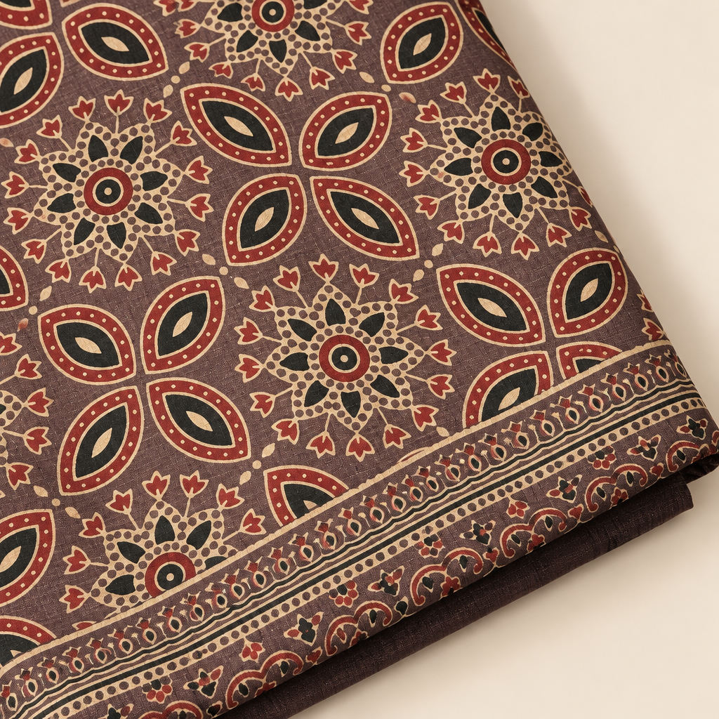 Folded close-up of pale brown Ajrakh saree medallion print and border