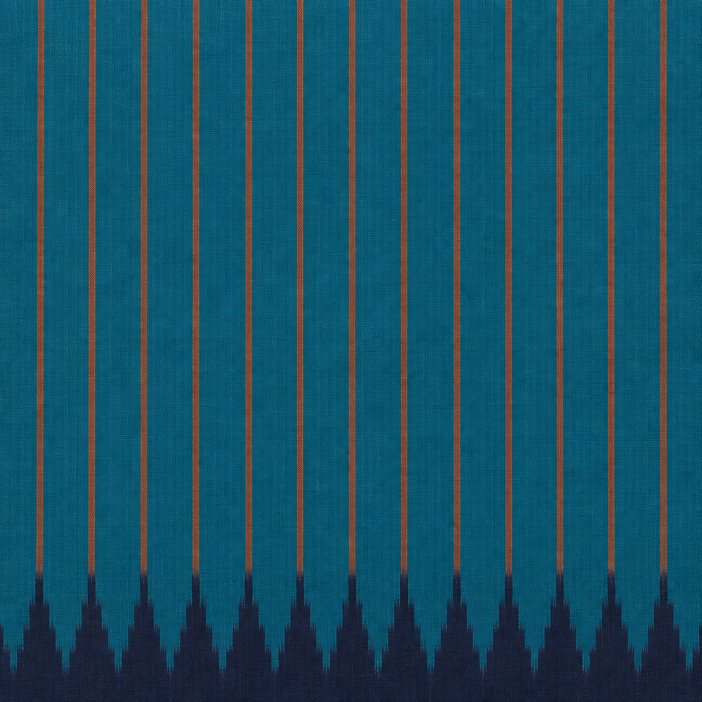 Close-up of teal blue pinstriped body with navy ikat temple spikes on Pochampally silk saree