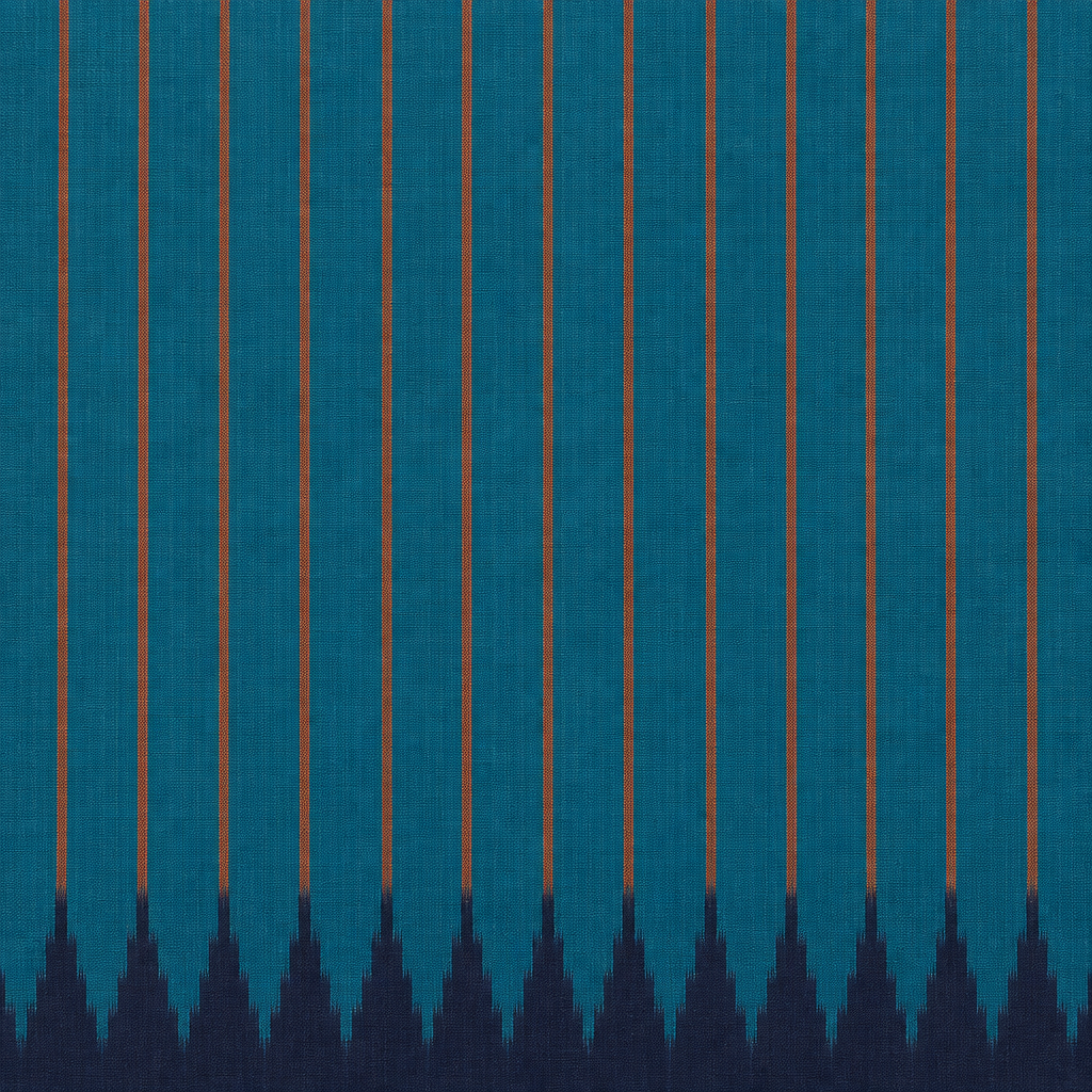 Close-up of teal blue pinstriped body with navy ikat temple spikes on Pochampally silk saree