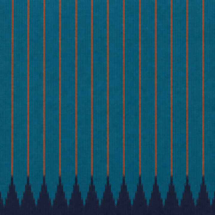 Close-up of teal blue pinstriped body with navy ikat temple spikes on Pochampally silk saree