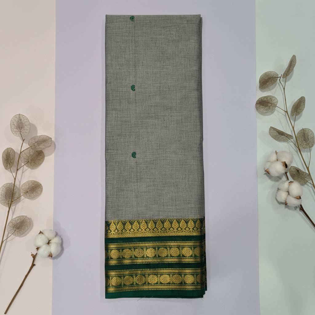 Grey Buti Cotton Saree with Gold Zari & Green Temple Border — styled on pastel background with dried floral props