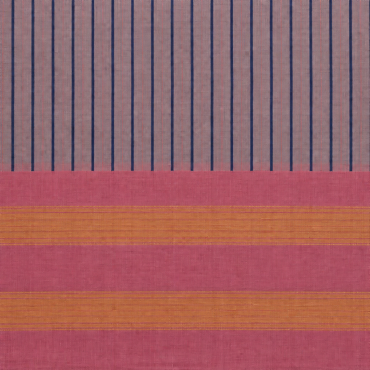 Close-up of rose pink border with mustard-gold stripes on cotton saree
