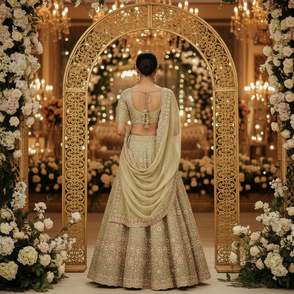 Sage Green Bridal Lehenga - Back View