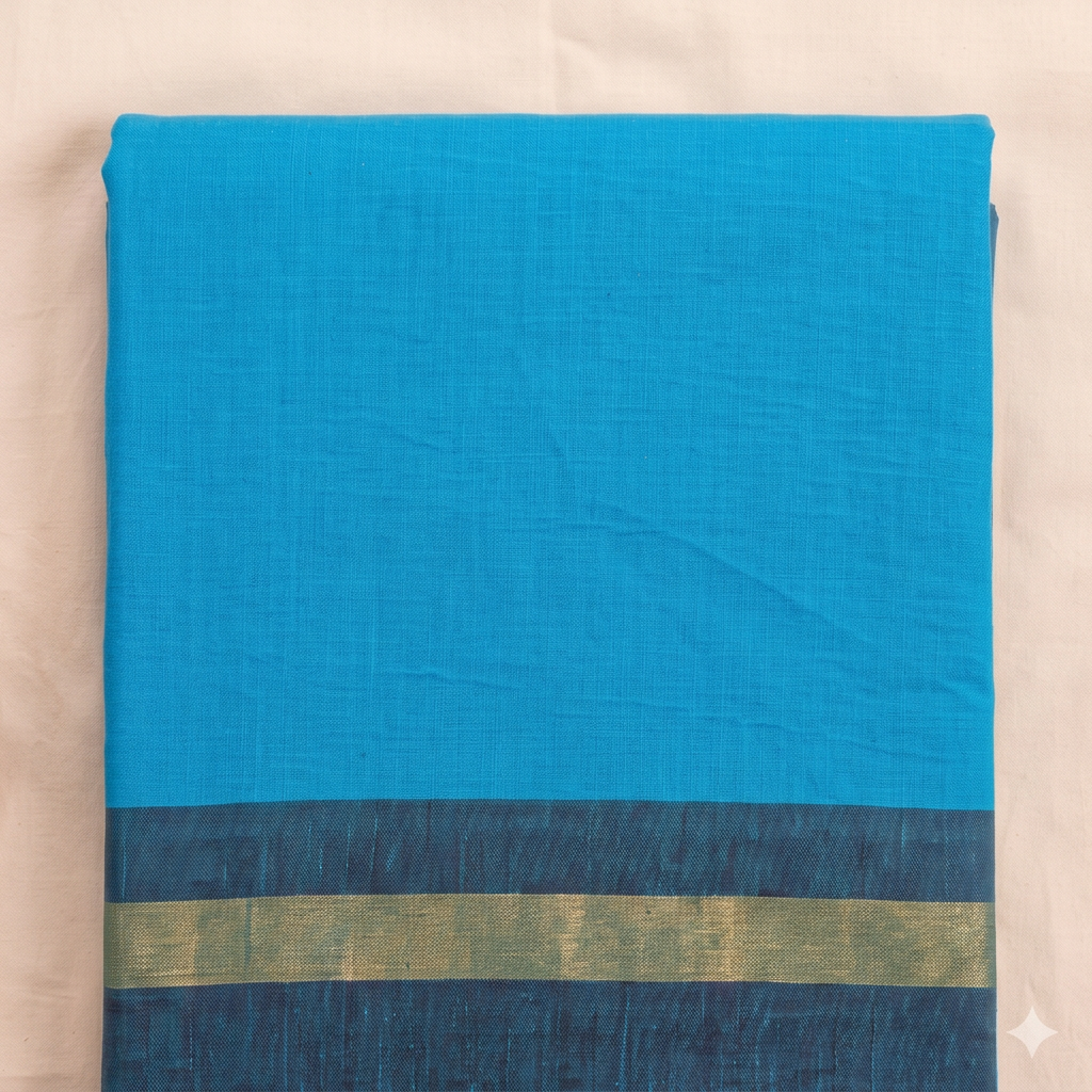 Plain turquoise-blue cotton dance saree body close-up