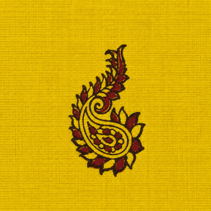 Close-up of maroon paisley buta on yellow cotton saree