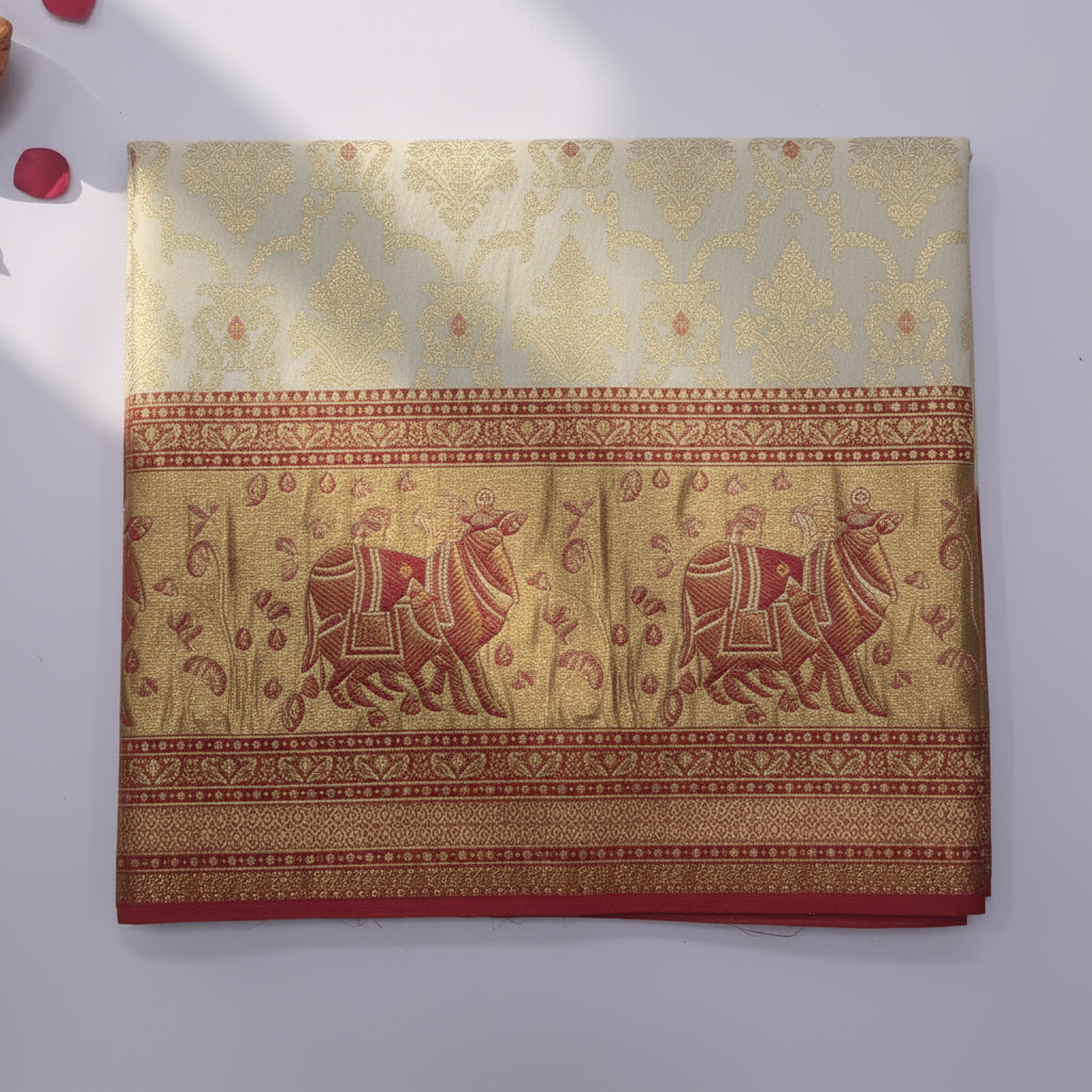 Close-up of red-gold elephant brocade border on cream-gold semi-silk saree
