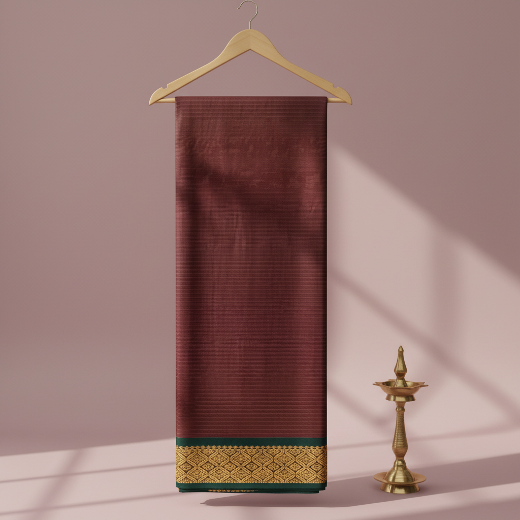Burgundy striped cotton saree with a forest-green antique-gold border hanging on a wooden hanger against a pastel background with a brass diya