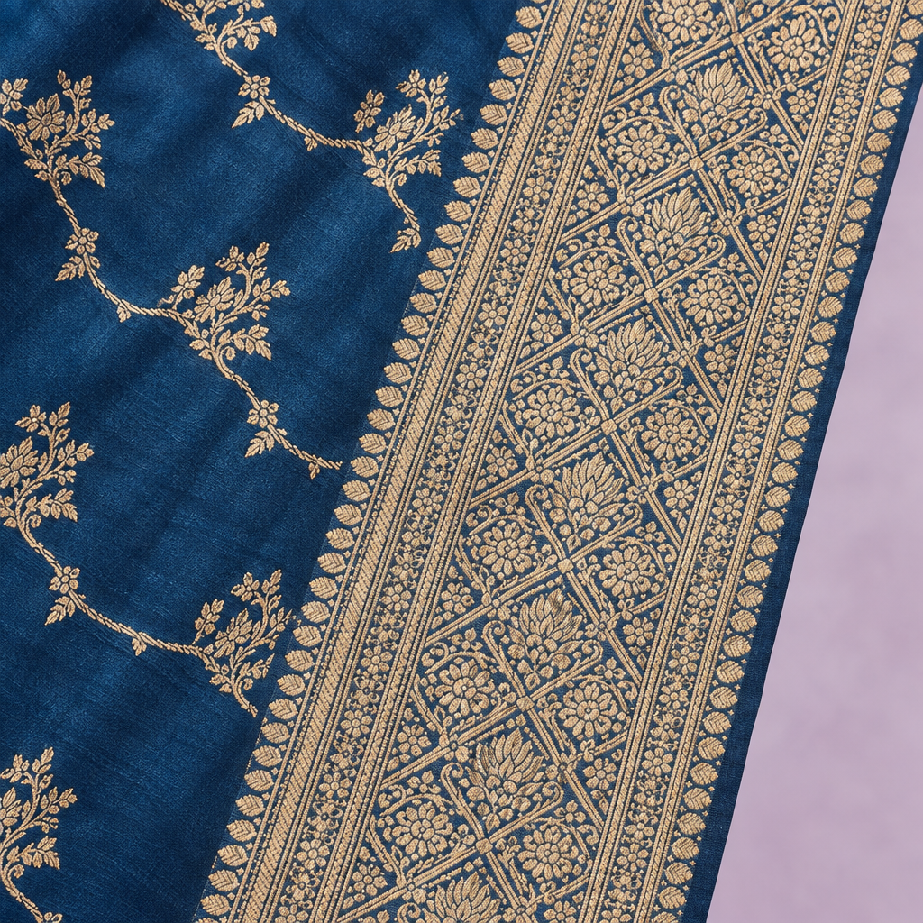 Close-up of the blue saree's wide woven zari border and adjoining body