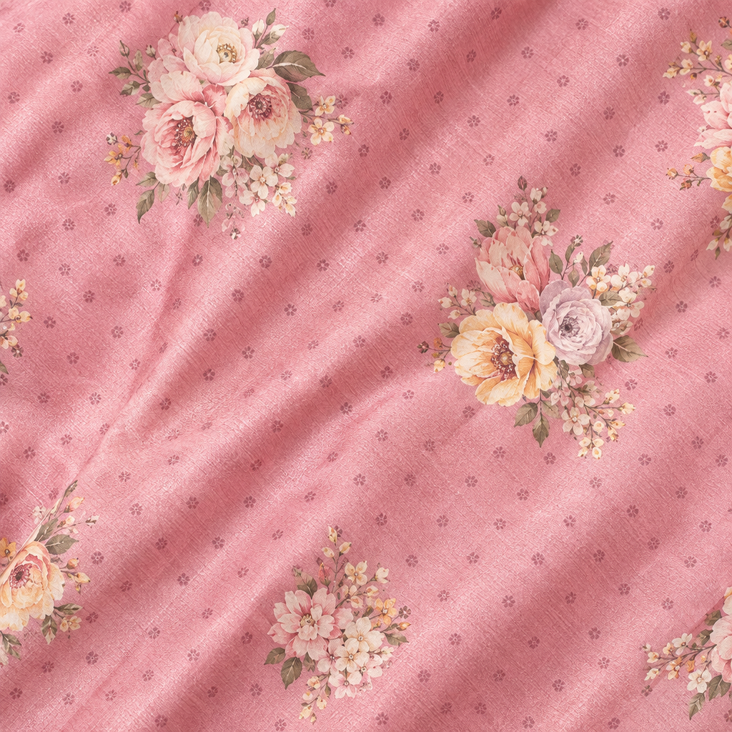 Close-up of the peach pure Tussar silk saree body with large floral prints in cream, blush, and butter-yellow