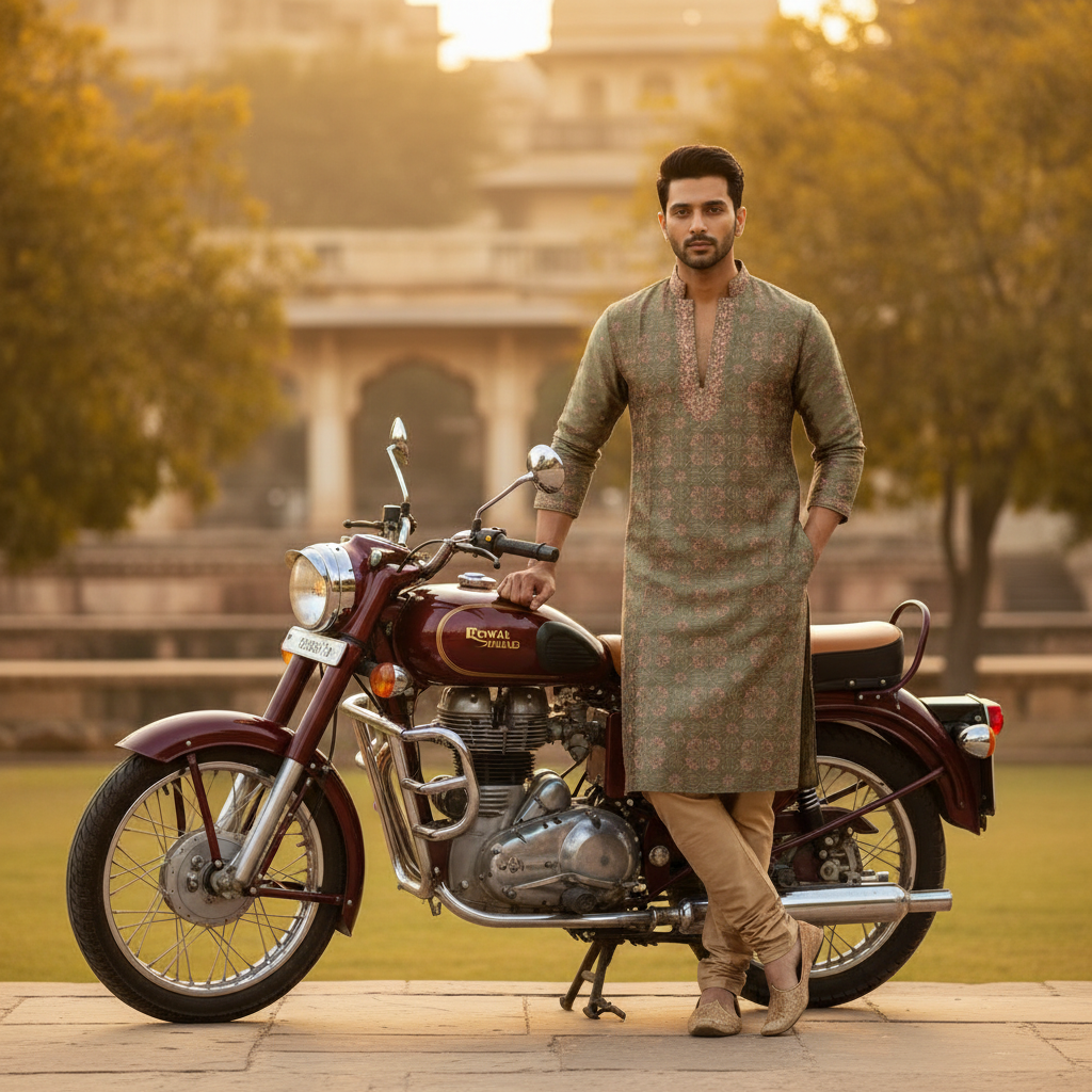 Olive Green Embroidered Silk Kurta Pyjama with Royal Enfield