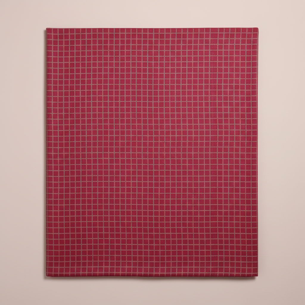Close-up of the raspberry, rose, and magenta cotton saree with its fine pale-gold checked grid