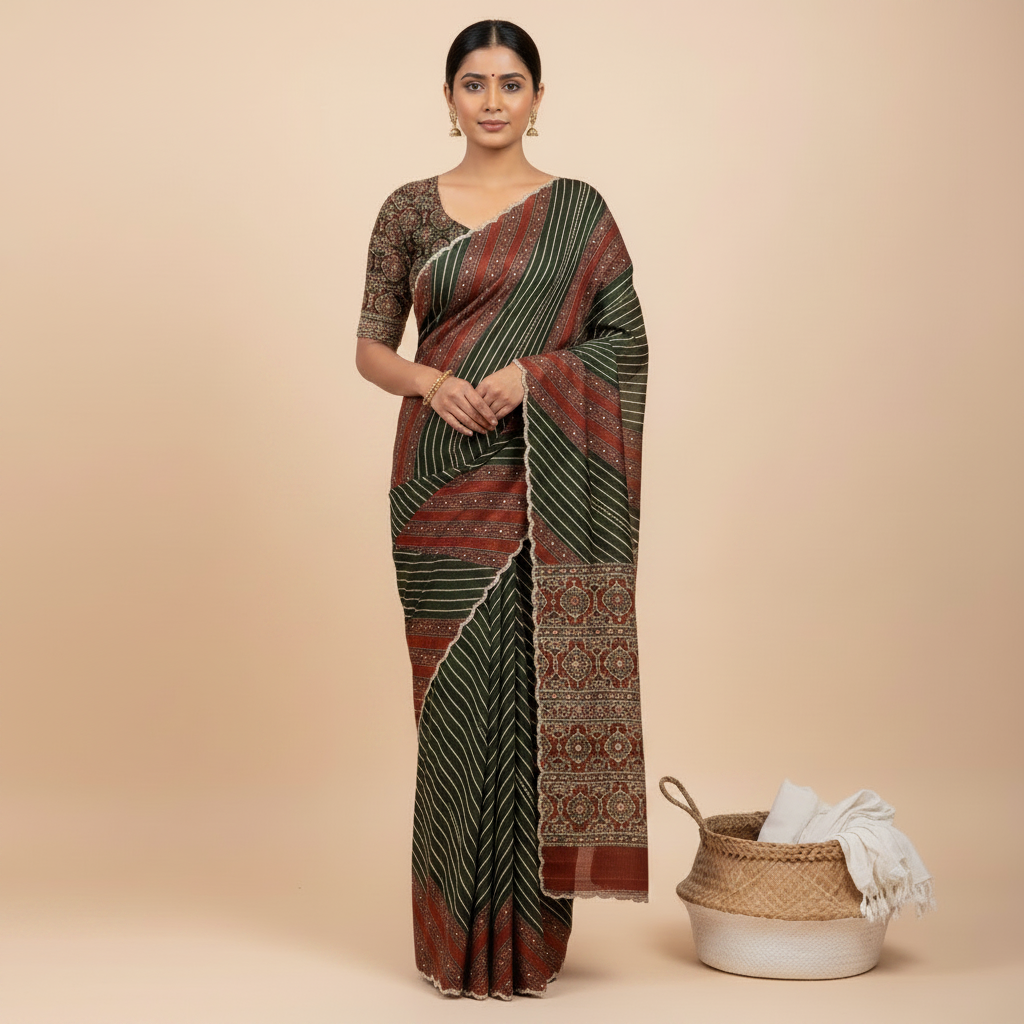 Red and green pure satin crepe silk saree draped on a model with the pallu on the left
