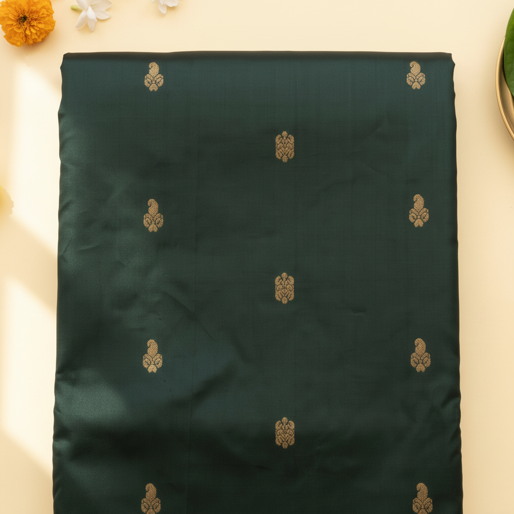 Deep rama-green pure silk saree body with gold zari motifs close-up